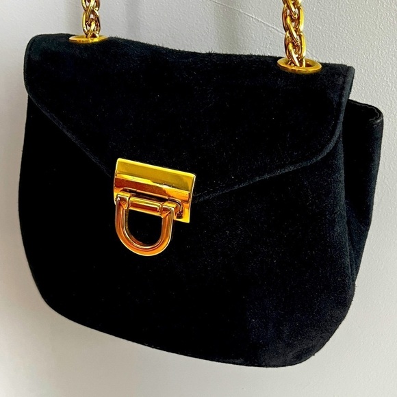 Vintage Handbags - Browns Shoes Made in Canada Small Black Velvet Purse Gold Chain and Hardware